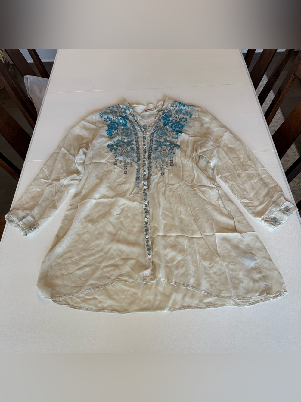 Johnny Was XXL Cream Tunic Top Blue Embroidery V-Neck Button Front Boho Flowy